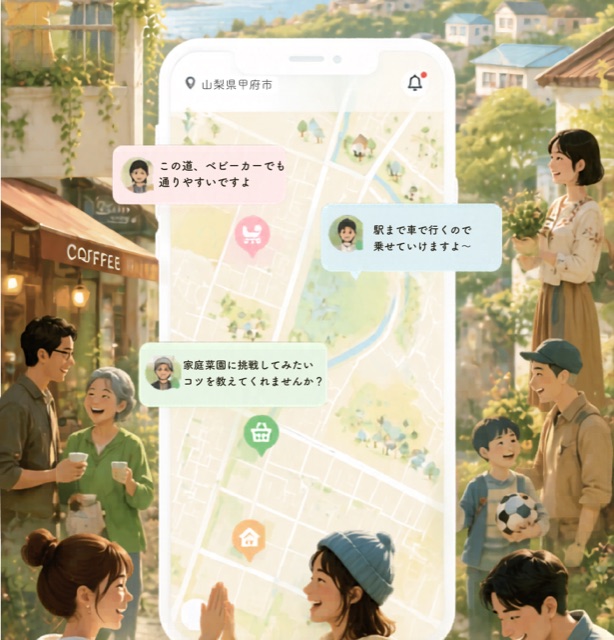 地図の上に近所の人からの申し出が並ぶリクトリの画面
